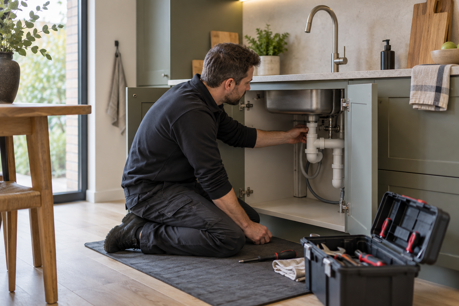 Installateur bij de aansluitingen van een keukenkast