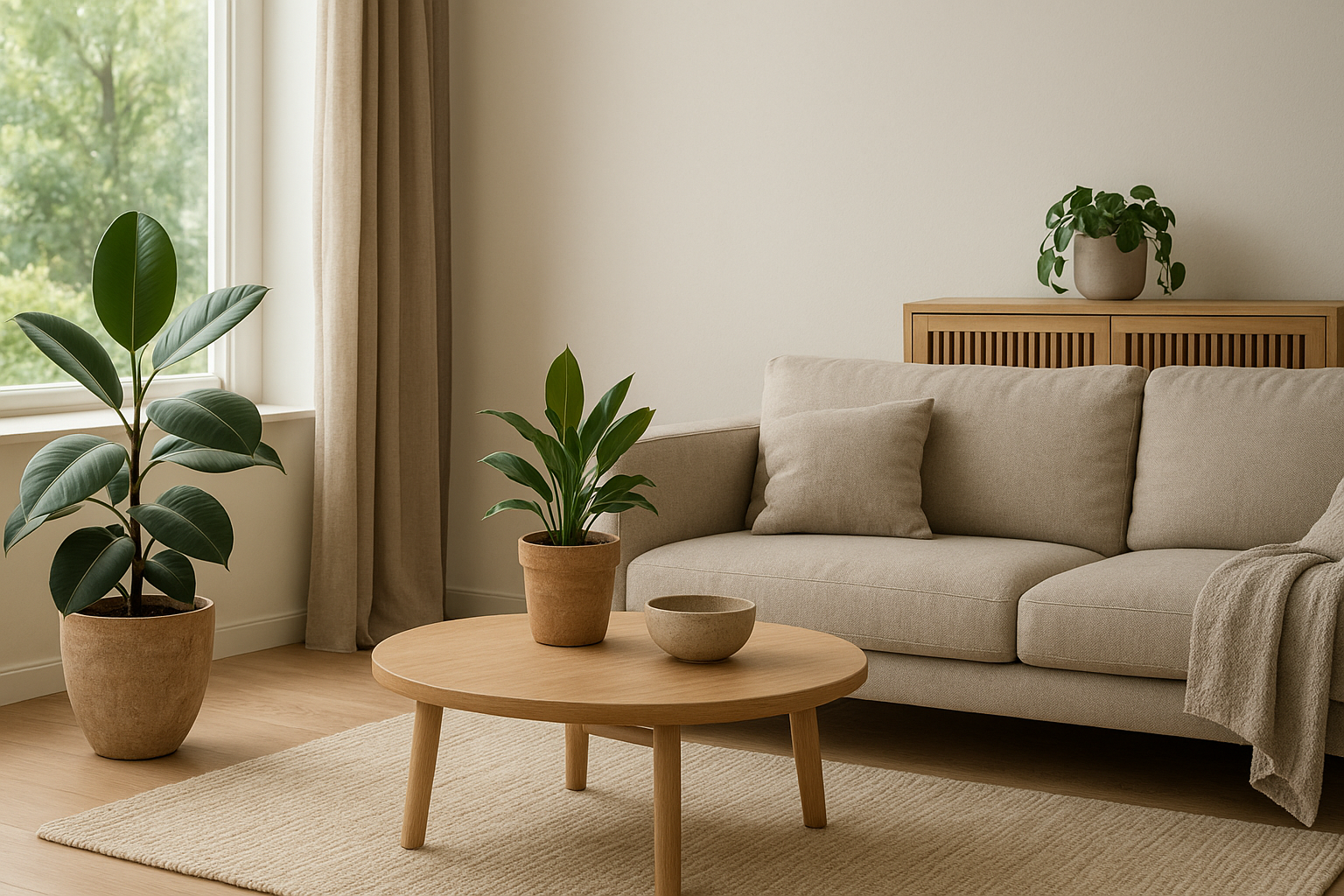 Foto bij Japandi woonkamer inrichten met planten en natuurlijke materialen